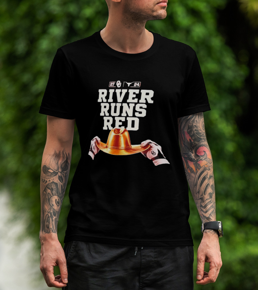 Oklahoma Sooners River Runs Red Golden Hat 2024 Victory T-Shirt