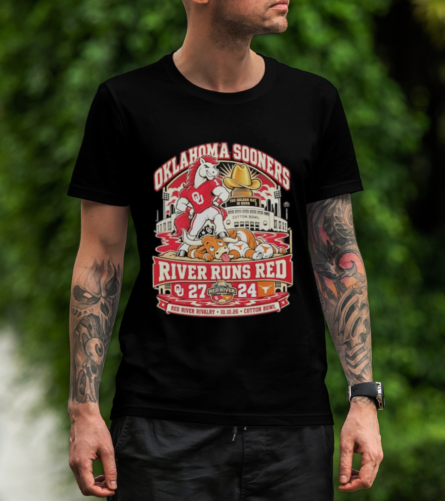 Oklahoma Sooners River Runs Red 27 24 Golden Hat Rivalry Cotton Bowl 10.10.26 T-Shirt