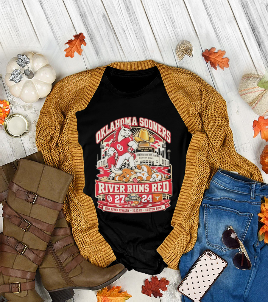 Oklahoma Sooners River Runs Red 27 24 Golden Hat Rivalry Cotton Bowl 10.10.26 T-Shirt