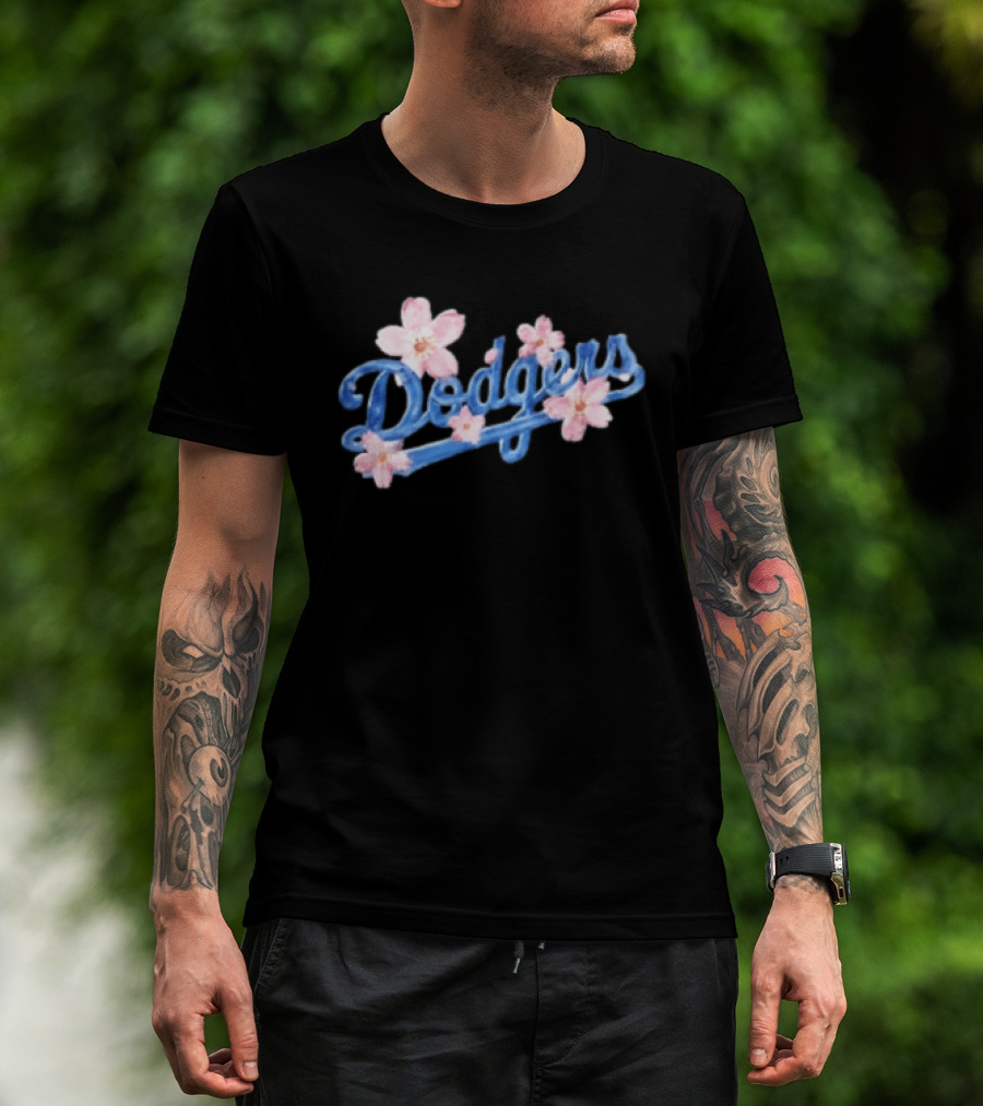 Los Angeles Dodgers Blue Script Pink Flowers T-Shirt
