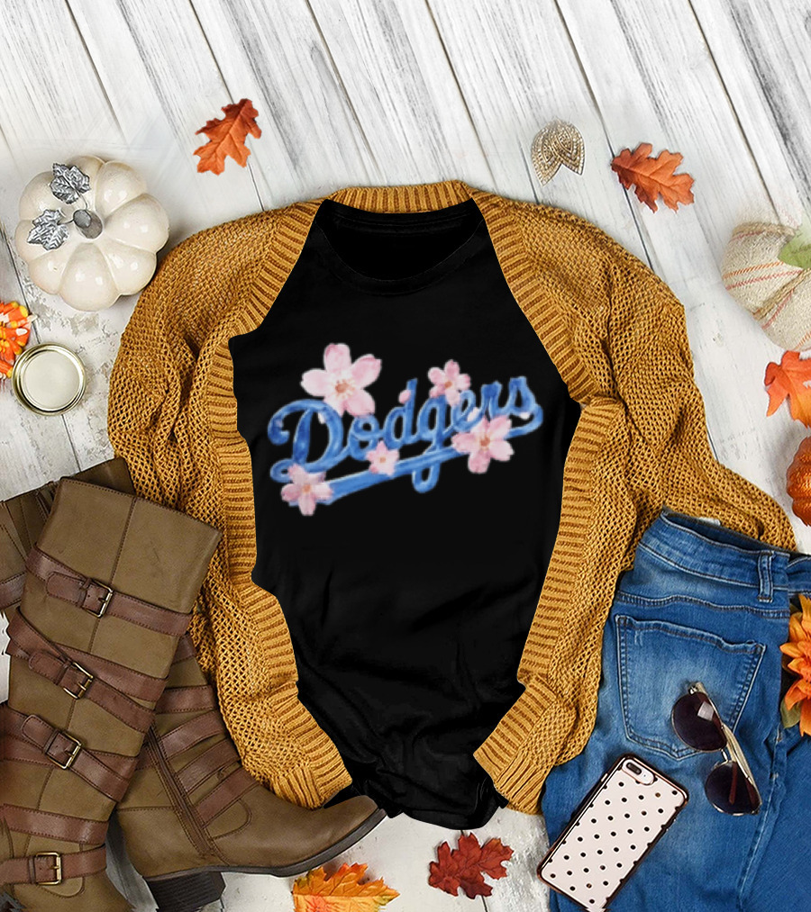 Los Angeles Dodgers Blue Script Pink Flowers T-Shirt
