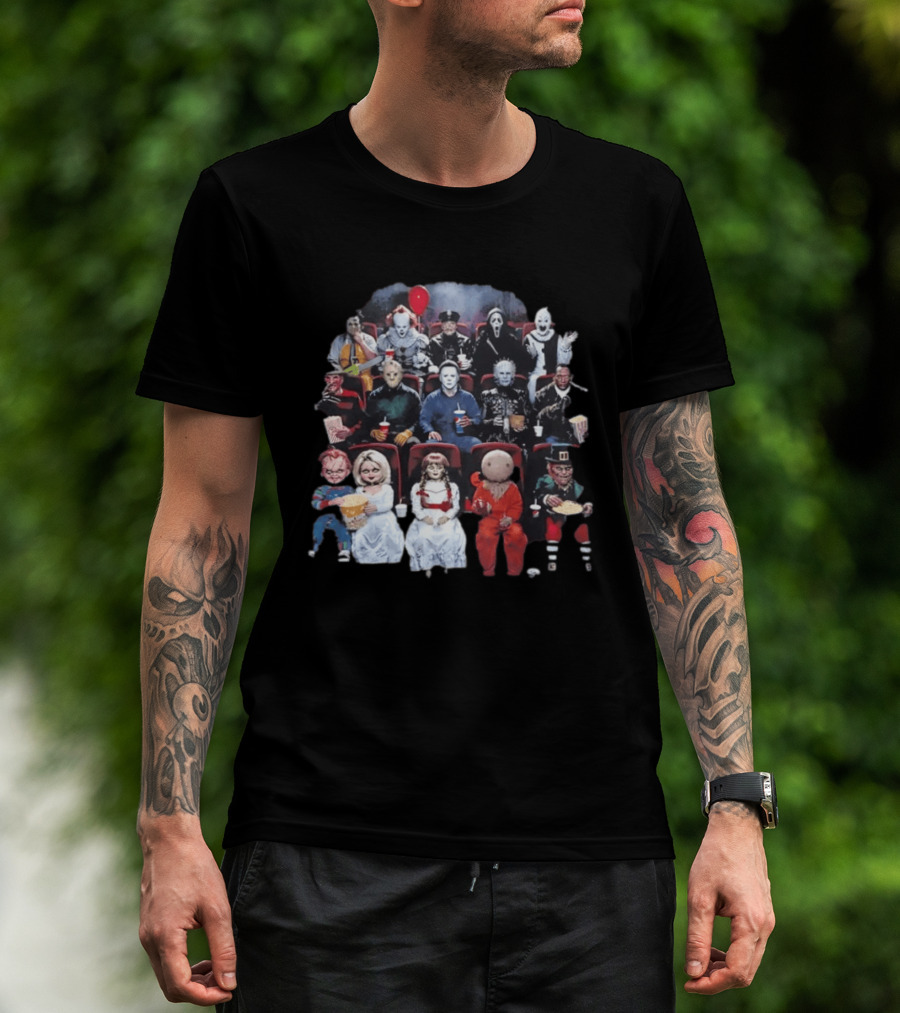 Horror Movie Characters In Cinema Seating With Popcorn And Drinks T-Shirt