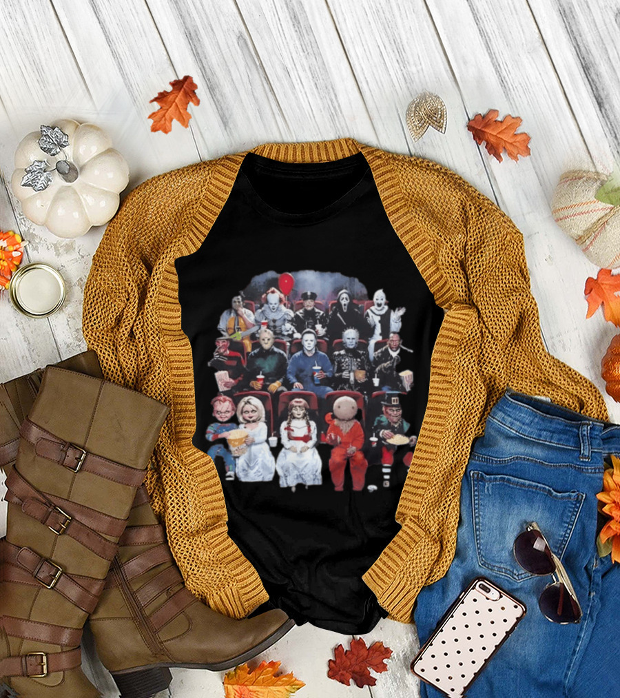 Horror Movie Characters In Cinema Seating With Popcorn And Drinks T-Shirt