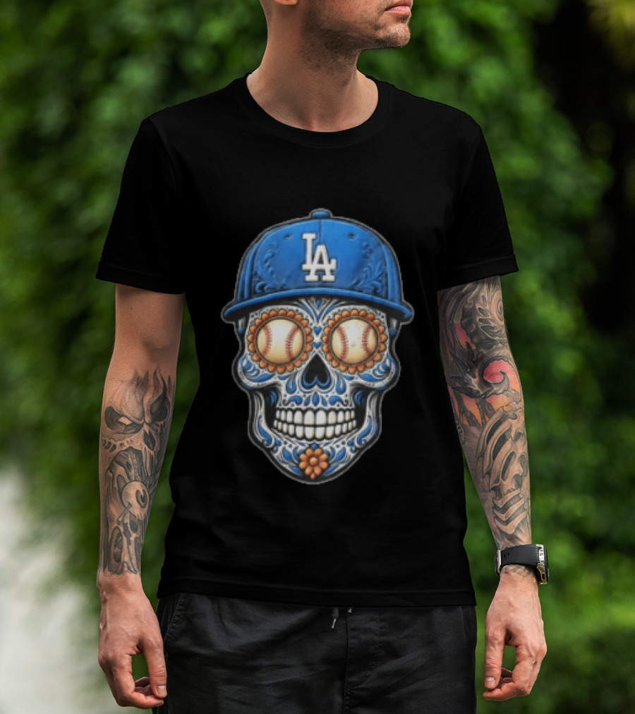 Los Angeles Dodgers Sugar Skull Baseball Eyes Hat MLB Fan Merchandise T-Shirt