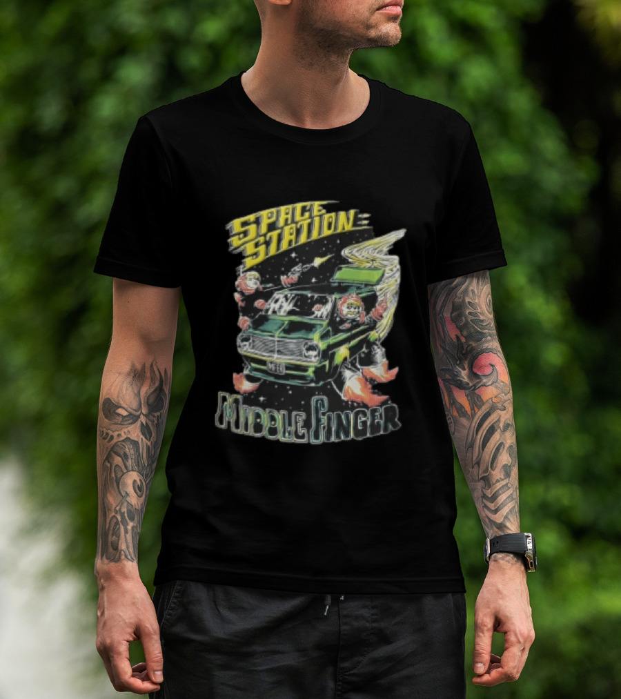 Space Station Middle Finger Astronauts Flying Green Van T-Shirt
