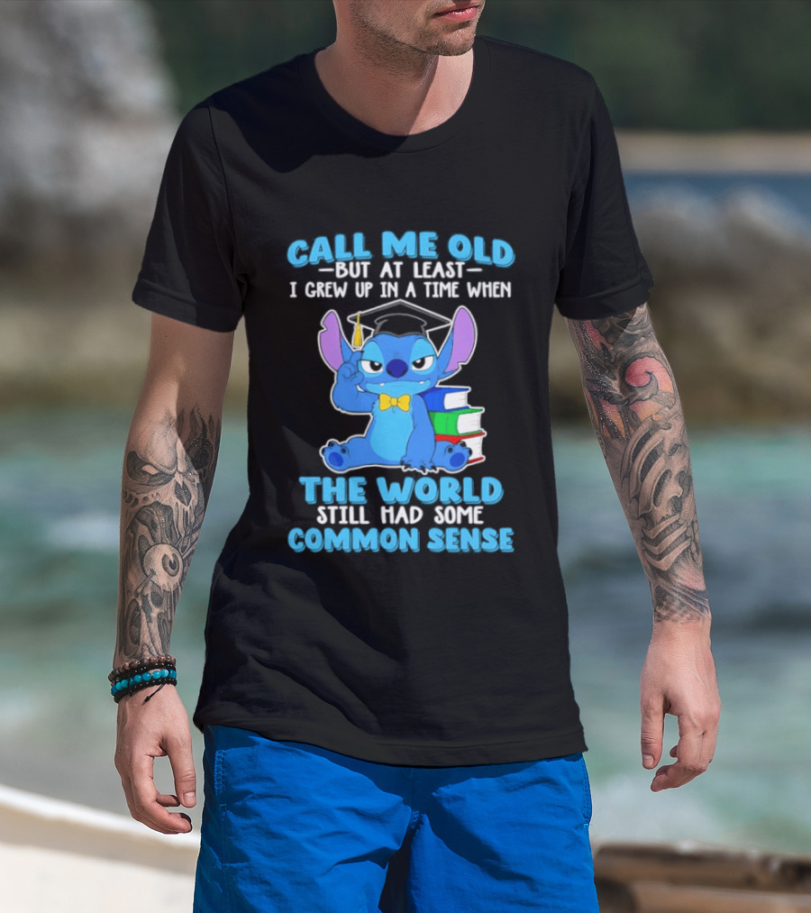 Call Me Old But At Least I Grew Up In A Time When The World Still Had Some Common Sense Stitch With Books And Bowtie T-Shirt
