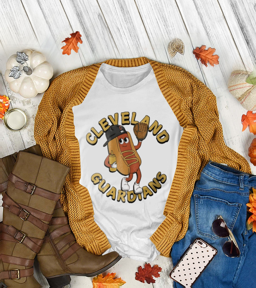 Cleveland Guardians Hot Dog Baseball Mascot Mustard Glove T-Shirt