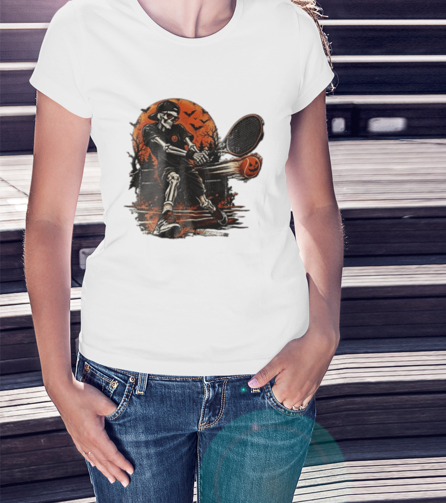 Halloween Skeleton Tennis Player With Pumpkin Ball And Full Moon T-Shirt