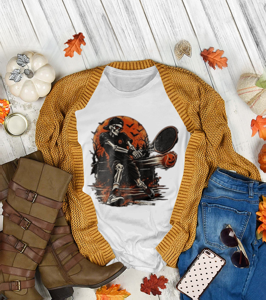 Halloween Skeleton Tennis Player With Pumpkin Ball And Full Moon T-Shirt