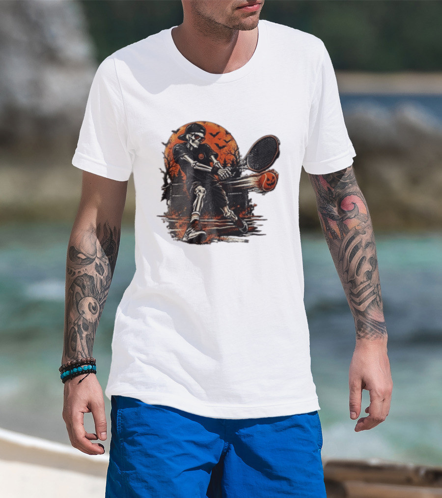 Halloween Skeleton Tennis Player With Pumpkin Ball And Full Moon T-Shirt