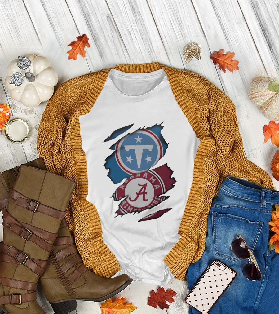 Tennessee Titans Alabama Crimson Tide Ripped Fabric Sports Fan Gear T-Shirt