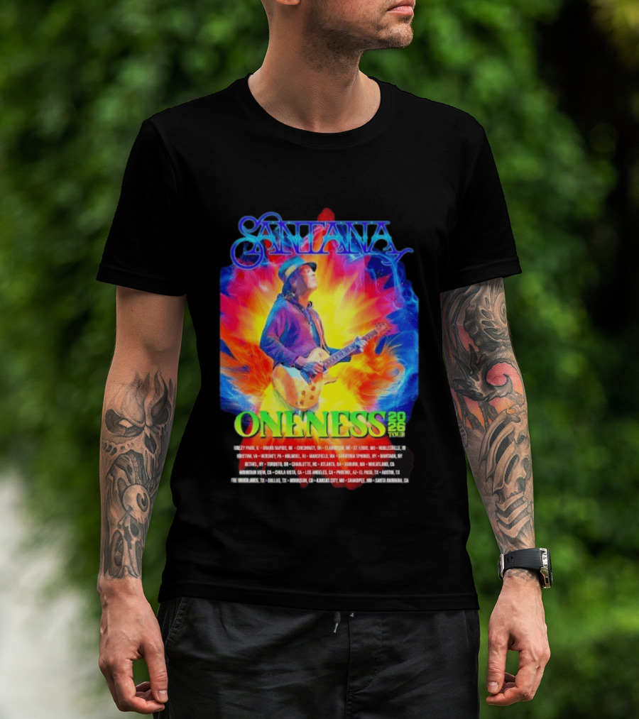 Santana Oneness 2026 Tour Carlos Santana Fire And Ice Tinley Park IL To Santa Barbara CA T-Shirt