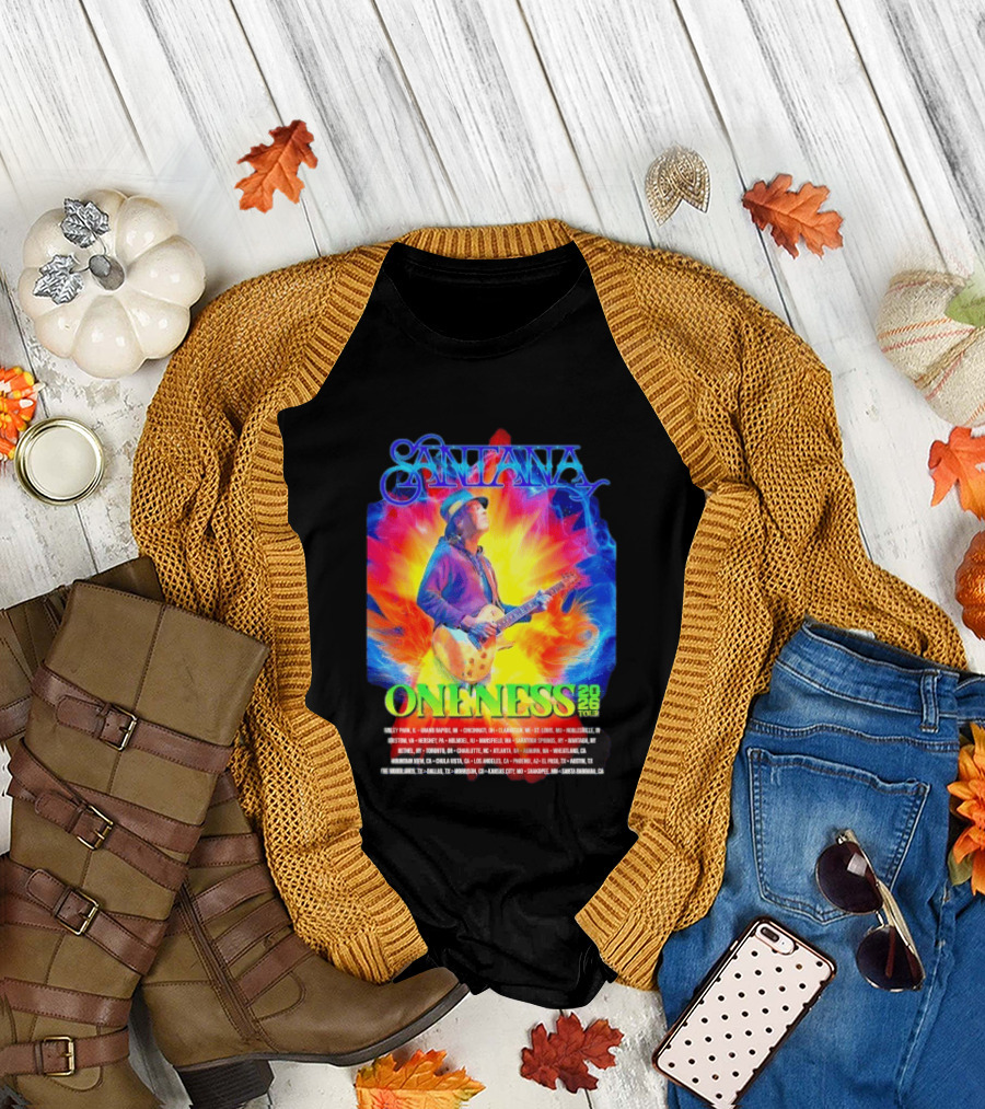 Santana Oneness 2026 Tour Carlos Santana Fire And Ice Tinley Park IL To Santa Barbara CA T-Shirt