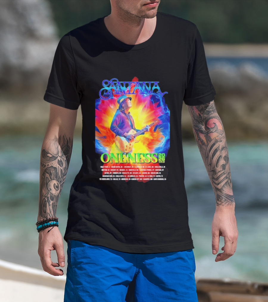 Santana Oneness 2026 Tour Carlos Santana Fire And Ice Tinley Park IL To Santa Barbara CA T-Shirt