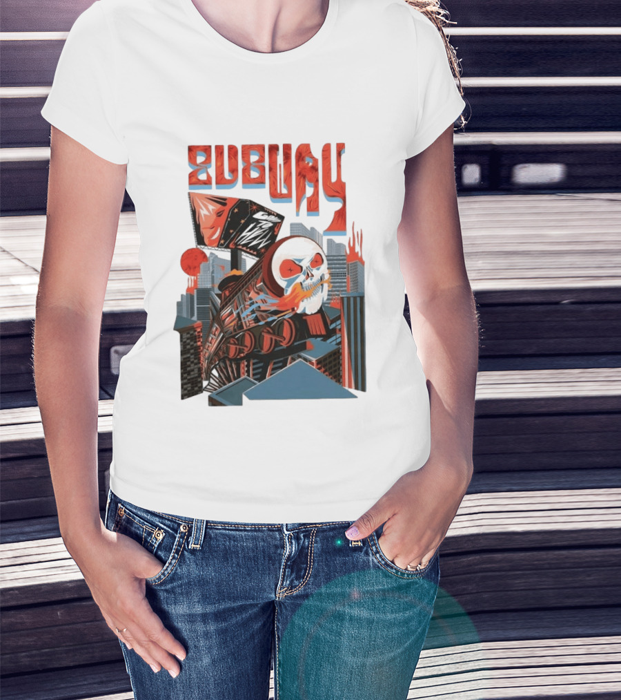 Subway Goes To Hell Skull Train Surreal Cityscape T-Shirt