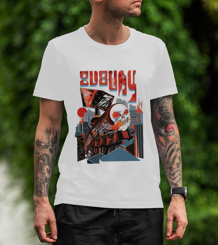 Subway Goes To Hell Skull Train Surreal Cityscape T-Shirt