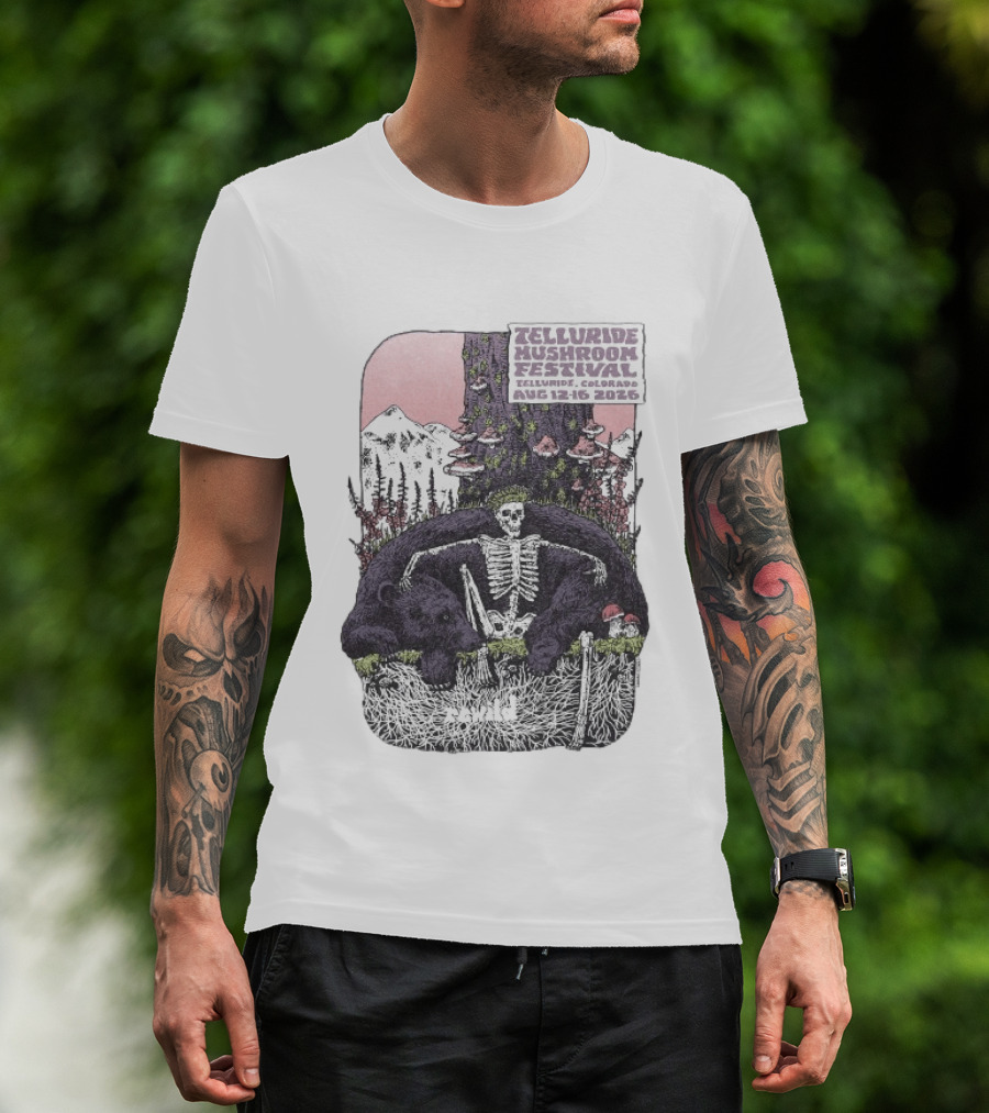 Telluride Mushroom Festival August 12 16 2026 Colorado Skeleton Bear Mountain Scene T-Shirt