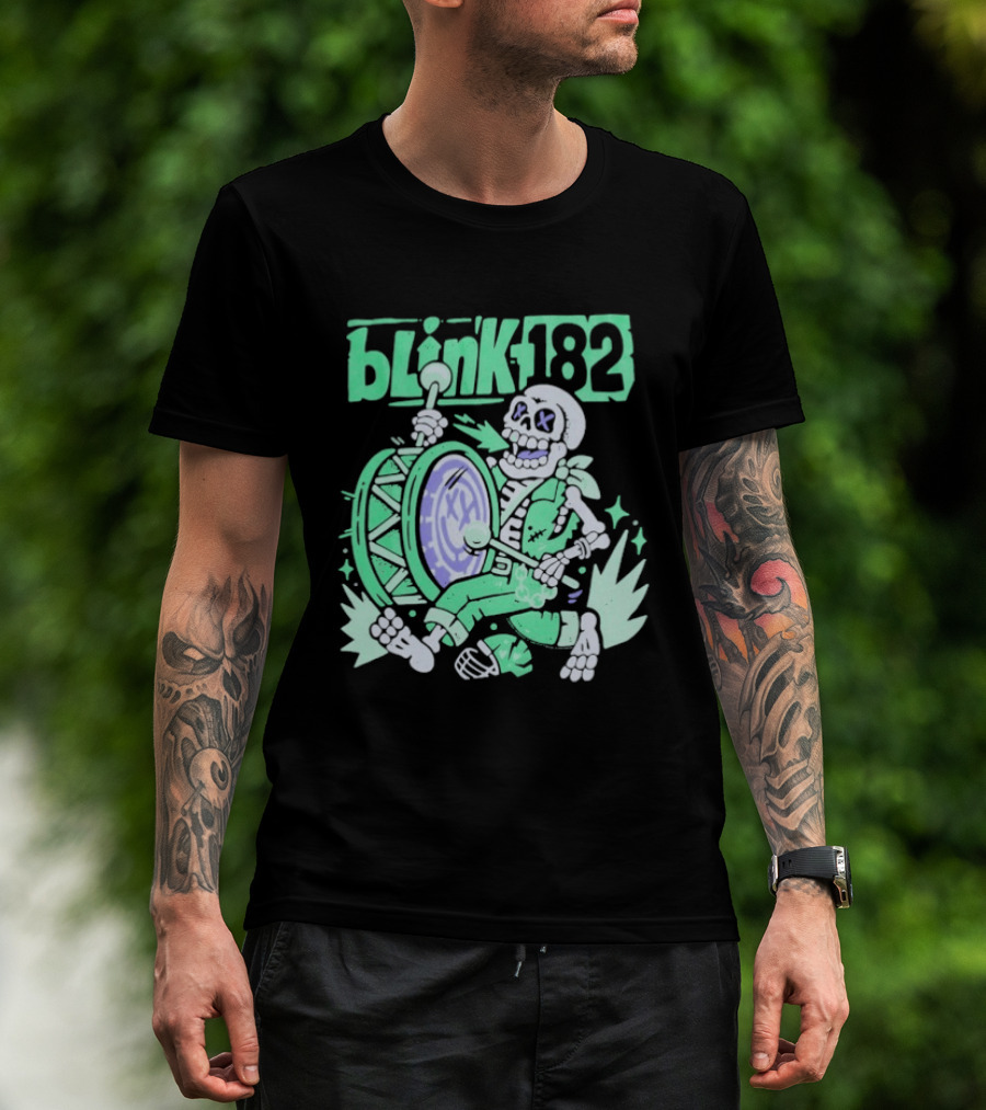 Blink 182 Skeleton Drum Art With Playful Percussion T-Shirt