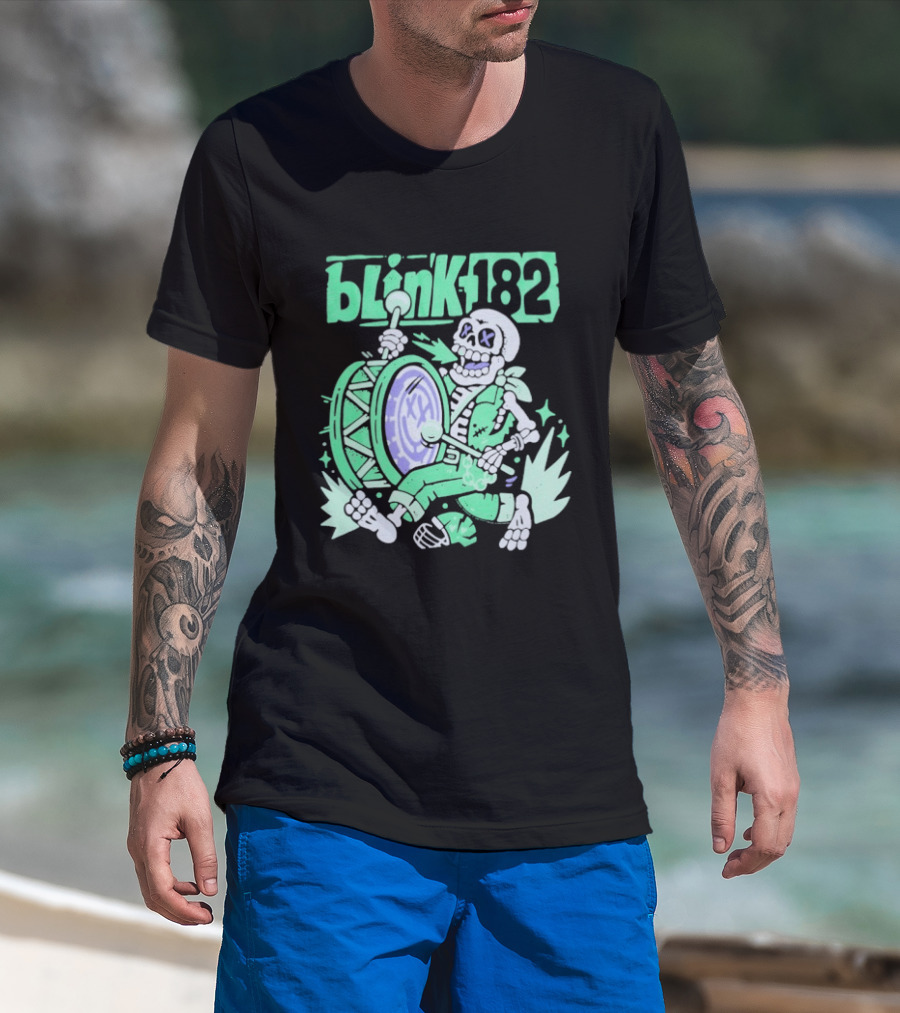 Blink 182 Skeleton Drum Art With Playful Percussion T-Shirt