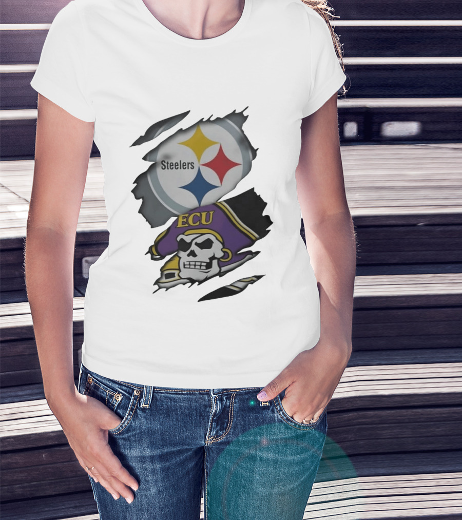 Pittsburgh Steelers And ECU Pirates Ripped T-Shirt