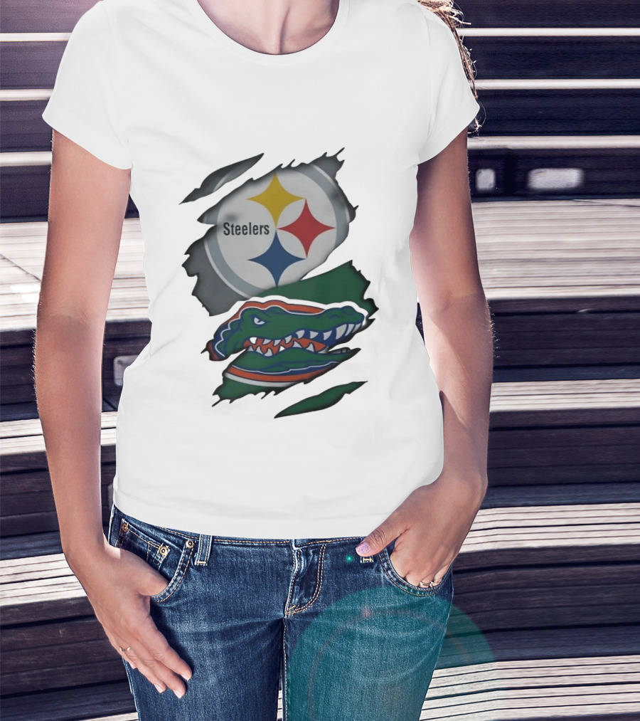 Pittsburgh Steelers Florida Gators Ripped Skin Effect Logos T-Shirt