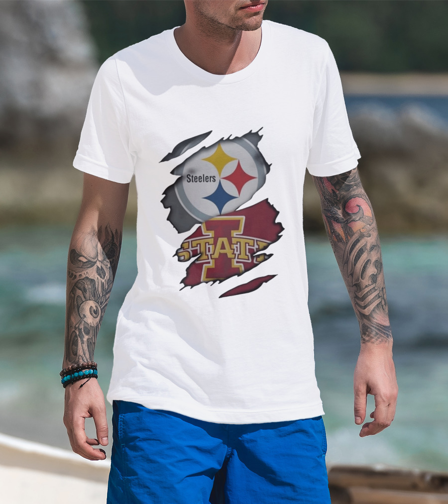 Pittsburgh Steelers Iowa State Cyclones Ripped Fabric Football Fandom Fusion T-Shirt