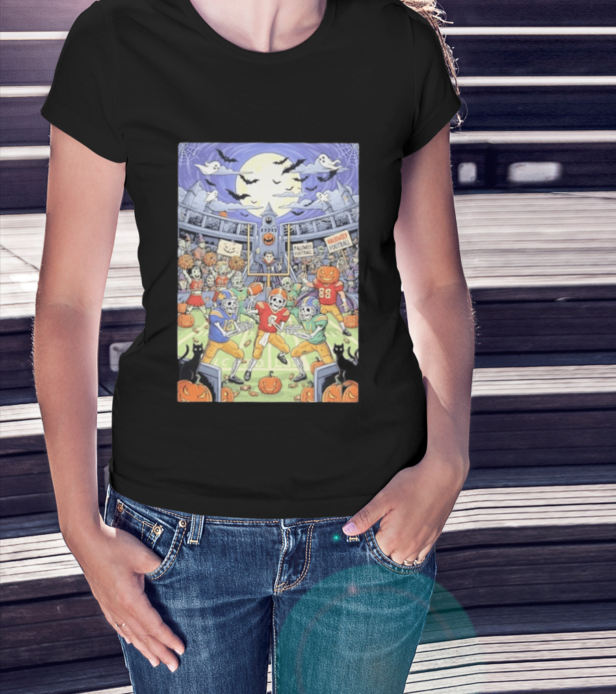 American Football Skeleton Players Halloween Spooky Stadium Night Pumpkins Ghosts Bats T-Shirt