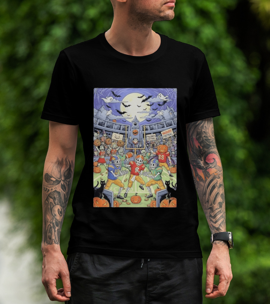 American Football Skeleton Players Halloween Spooky Stadium Night Pumpkins Ghosts Bats T-Shirt