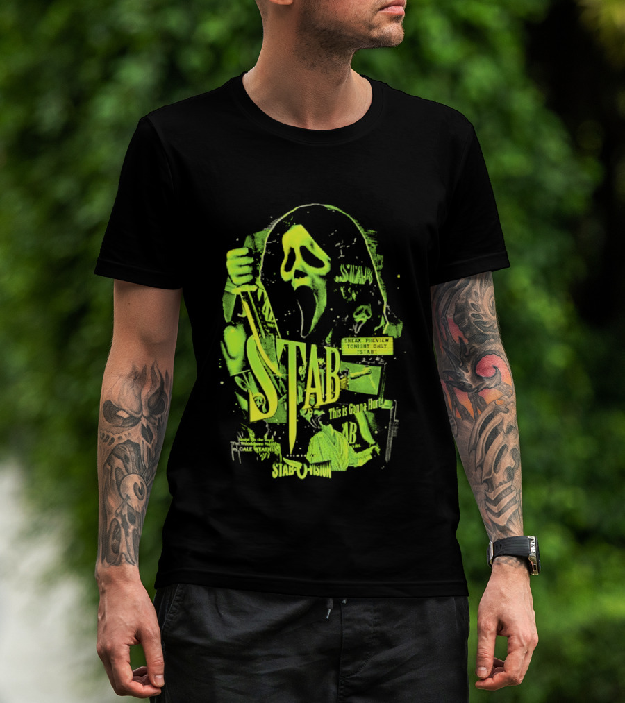Ghostface Stab O Vision Horror Movie Mask Knife Graphic Neon T-Shirt