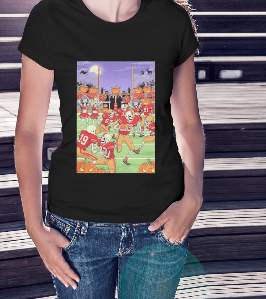 San Francisco 49ers Skeleton Football Halloween Pumpkin Cheerleaders Moon Cats T-Shirt