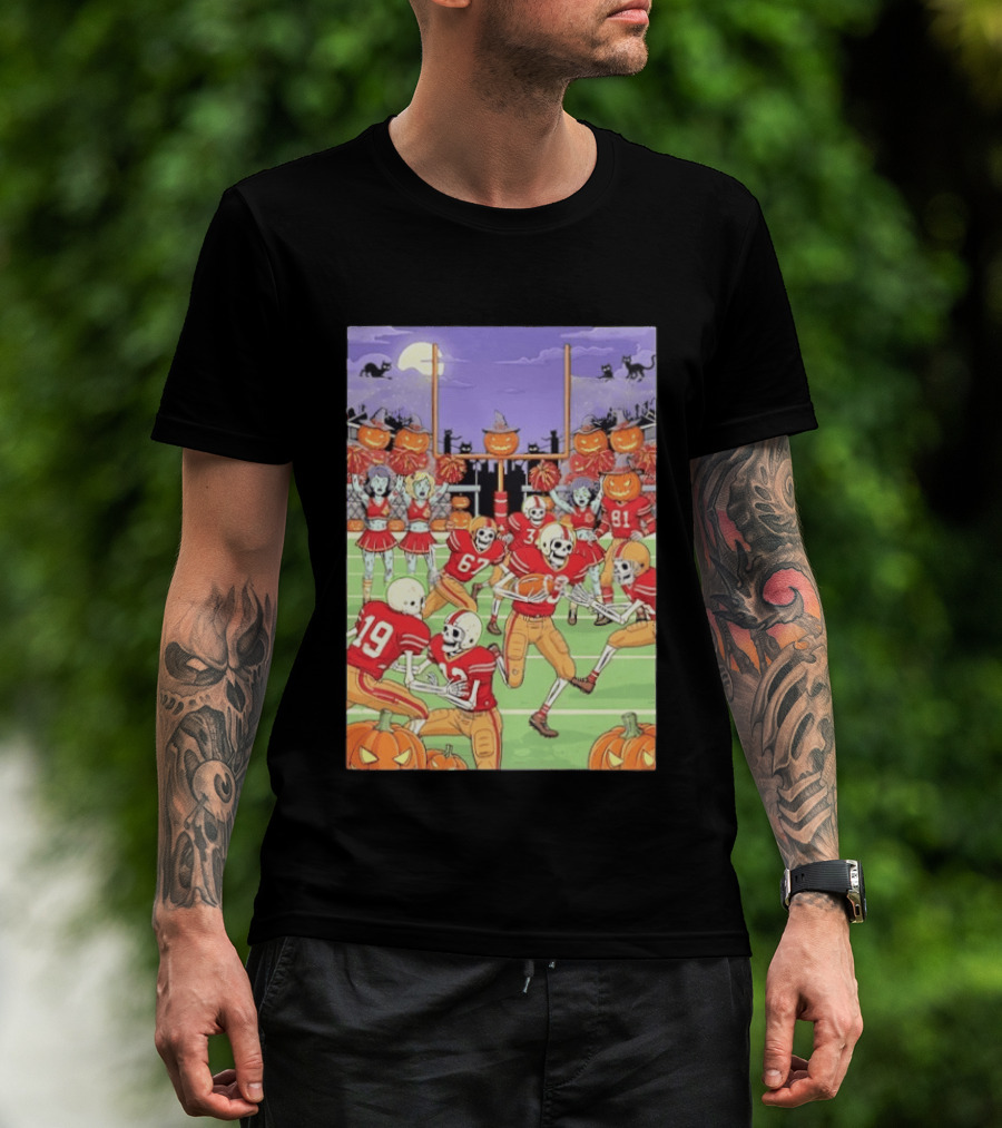 San Francisco 49ers Skeleton Football Halloween Pumpkin Cheerleaders Moon Cats T-Shirt