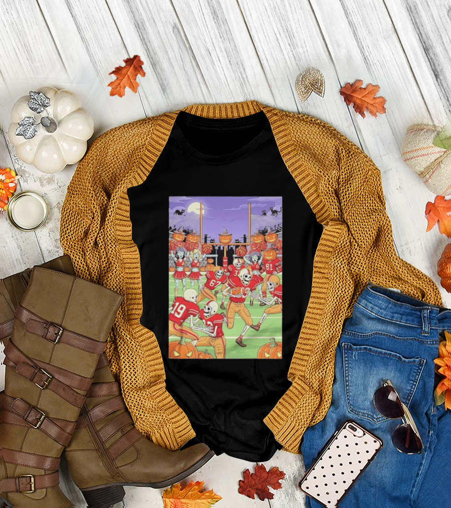 San Francisco 49ers Skeleton Football Halloween Pumpkin Cheerleaders Moon Cats T-Shirt