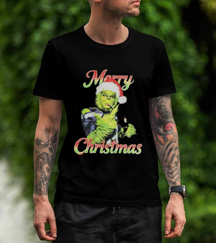 Merry Christmas Seattle Seahawks Grinch Beer Middle Finger T-Shirt