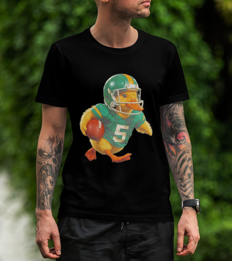 Yellow Duck Number 5 In Green Football Jersey With Helmet And Ball T-Shirt