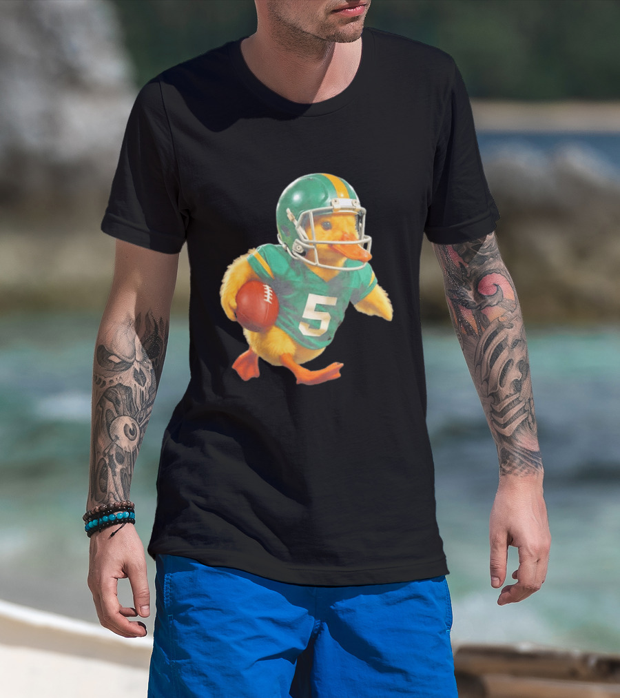 Yellow Duck Number 5 In Green Football Jersey With Helmet And Ball T-Shirt