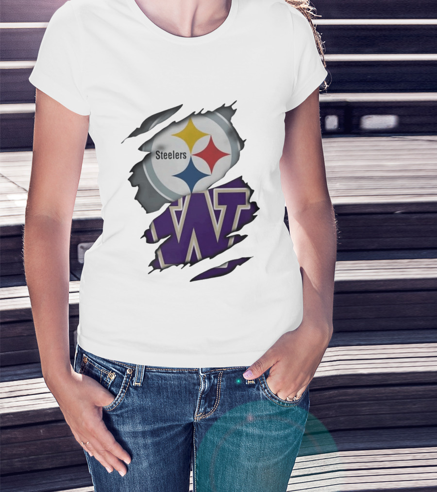 Pittsburgh Steelers Washington Huskies Ripped Logo Collaboration T-Shirt