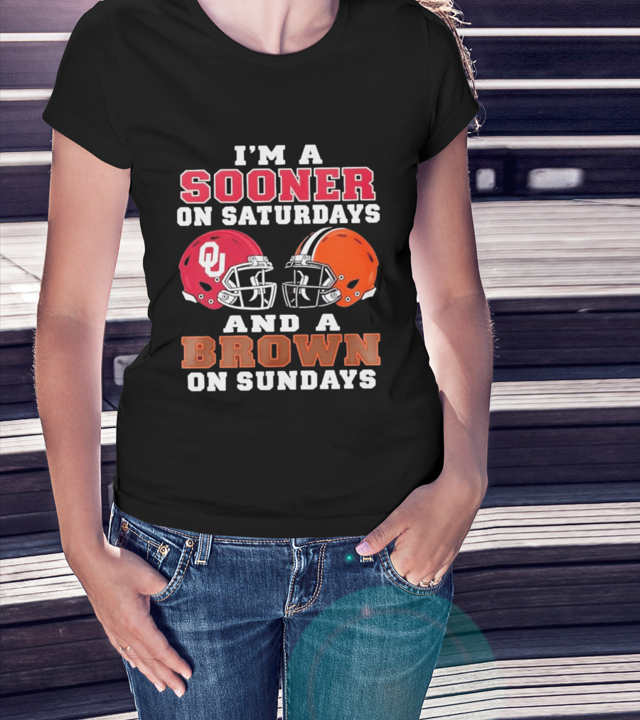 I'm A Sooner On Saturdays And A Brown On Sundays OU Red And Orange Helmets T-Shirt