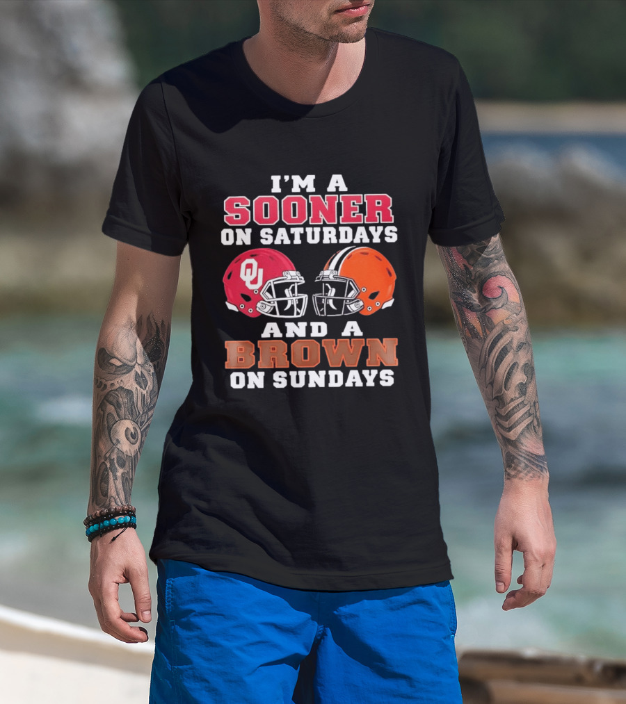 I'm A Sooner On Saturdays And A Brown On Sundays OU Red And Orange Helmets T-Shirt