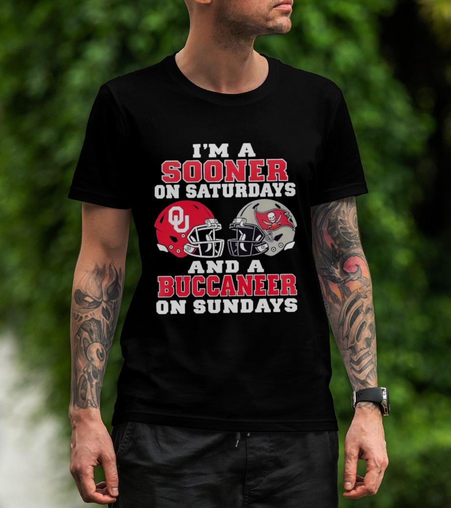 I'm A Sooner On Saturdays And A Buccaneer On Sundays Football Helmets OU Tampa Bay T-Shirt