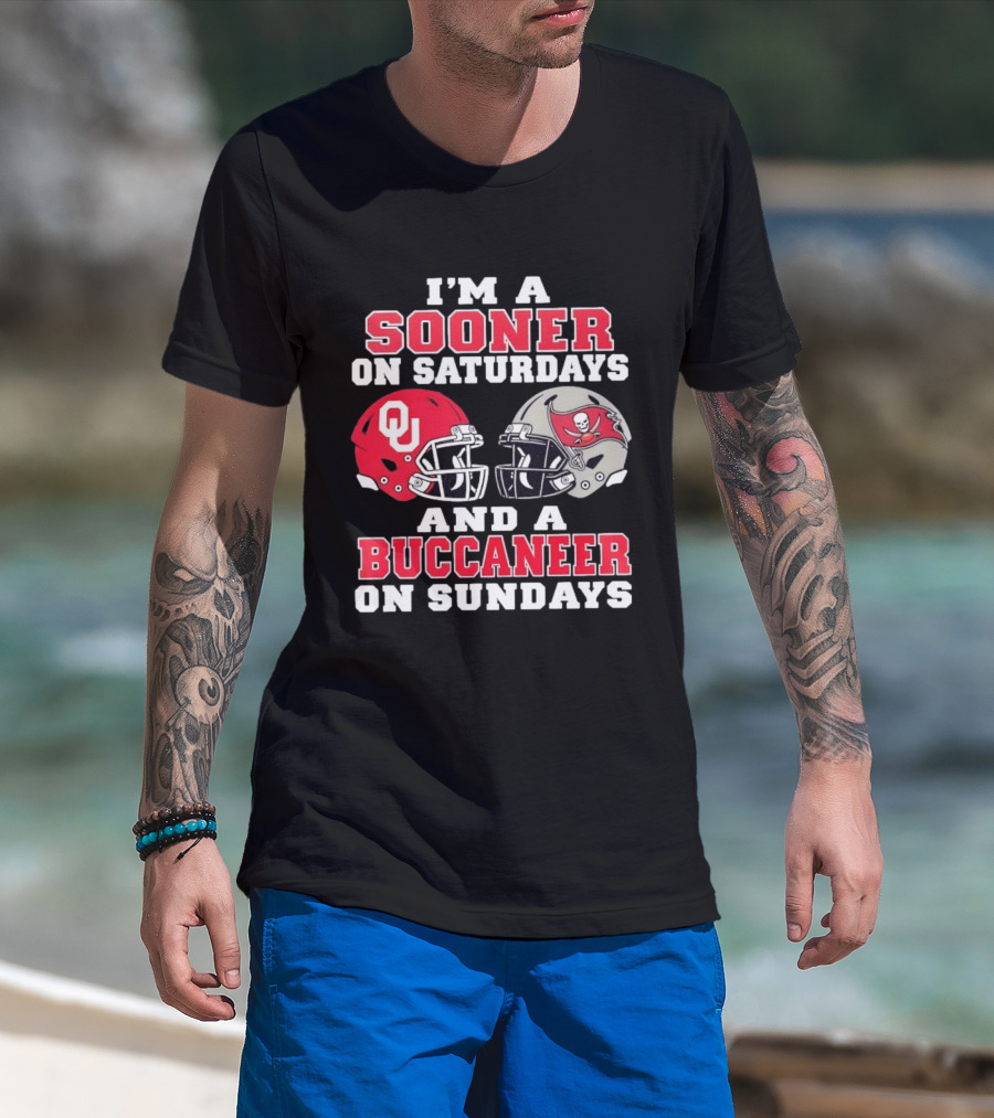 I'm A Sooner On Saturdays And A Buccaneer On Sundays Football Helmets OU Tampa Bay T-Shirt