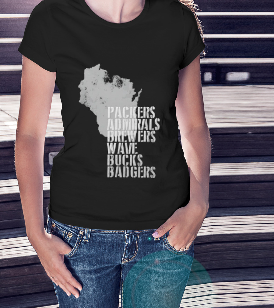 Packers Admirals Brewers Wave Bucks Badgers Wisconsin State Map Stencil T-Shirt
