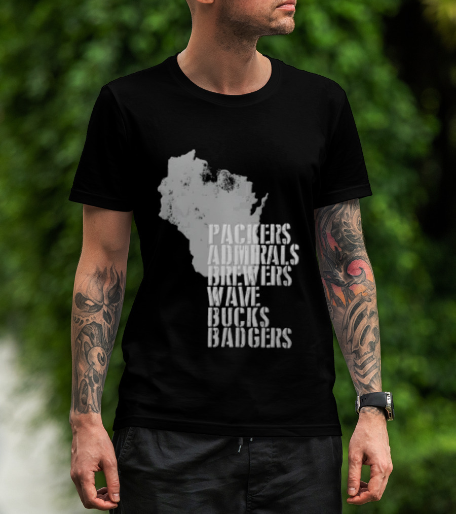 Packers Admirals Brewers Wave Bucks Badgers Wisconsin State Map Stencil T-Shirt