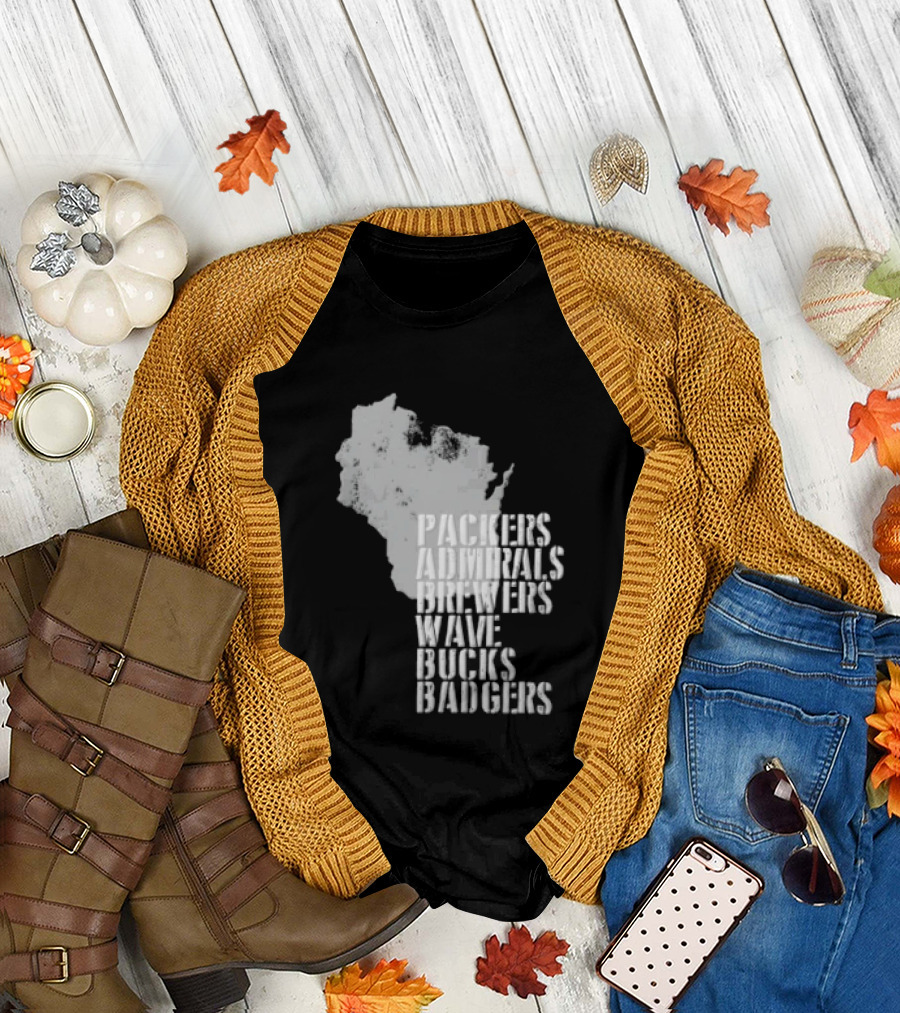 Packers Admirals Brewers Wave Bucks Badgers Wisconsin State Map Stencil T-Shirt