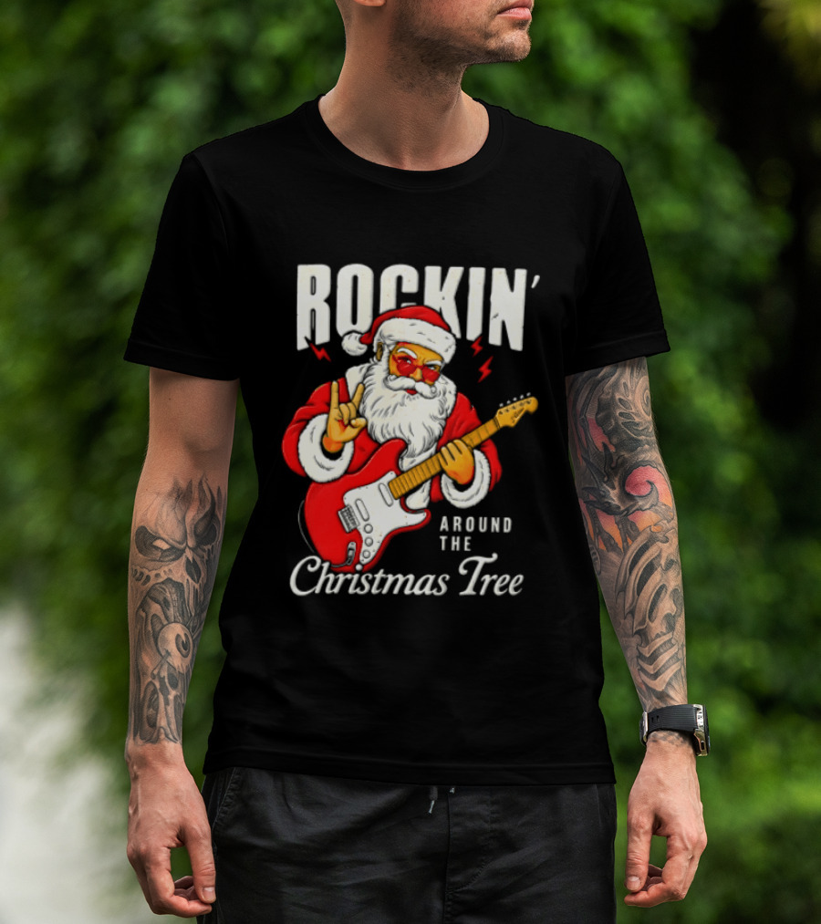 Rockin' Santa Christmas Tree Guitar Holiday T-Shirt