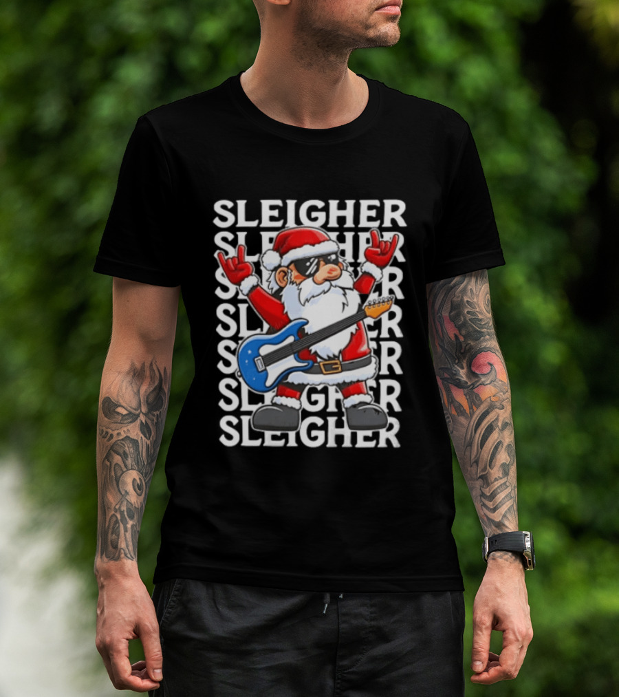Sleigher Christmas Santa Rocking Guitar Holiday T-Shirt
