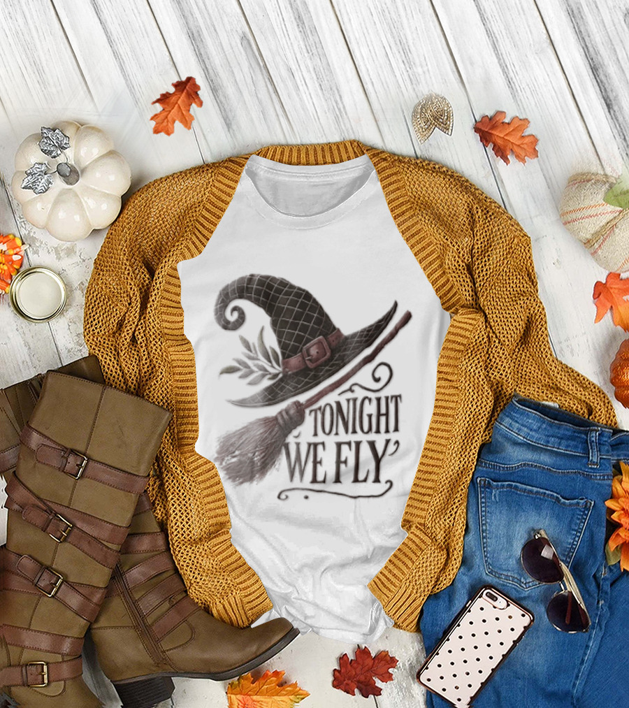 Tonight We Fly Witch Hat Broomstick Leaves T-Shirt