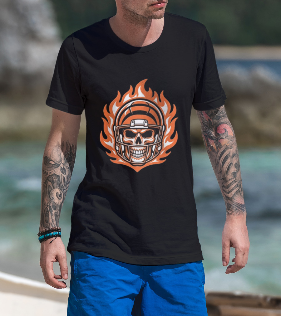Cincinnati Bengals Skeleton Football Player Flaming Helmet T-Shirt