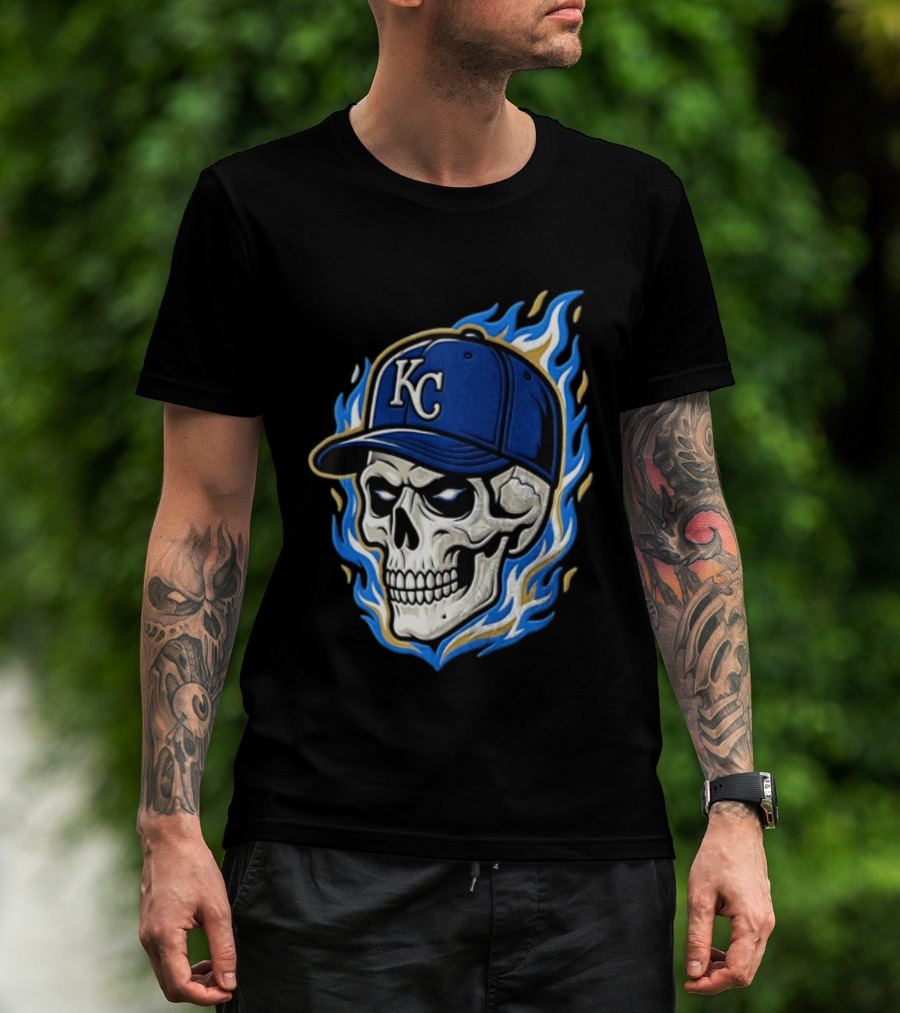 Kansas City Royals Skull Baseball Cap Flame T-Shirt