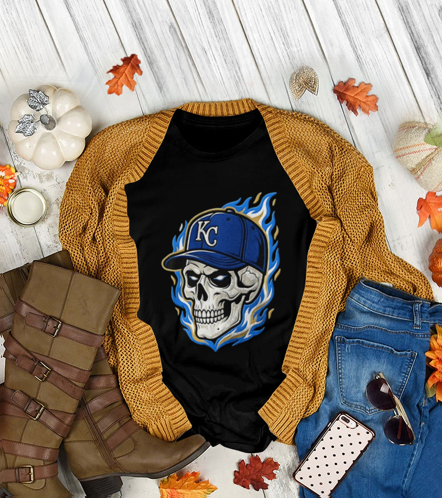 Kansas City Royals Skull Baseball Cap Flame T-Shirt