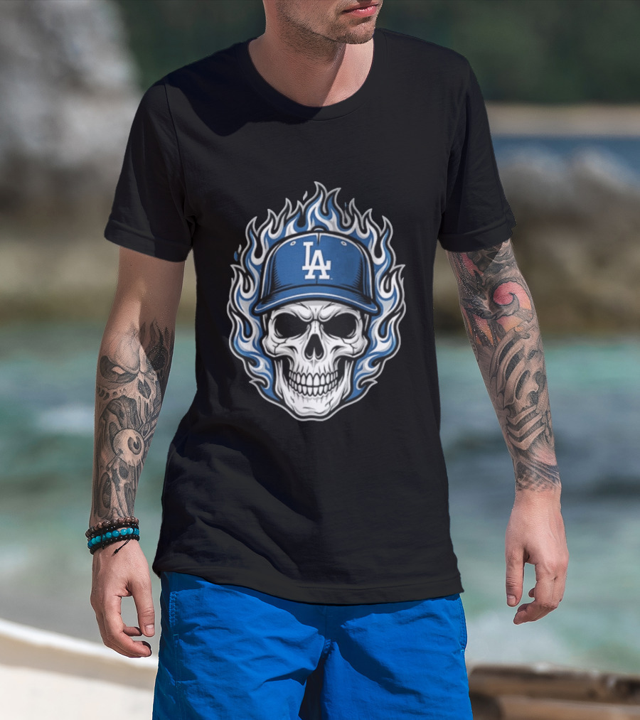 Los Angeles Dodgers Skull Cap Flames T-Shirt